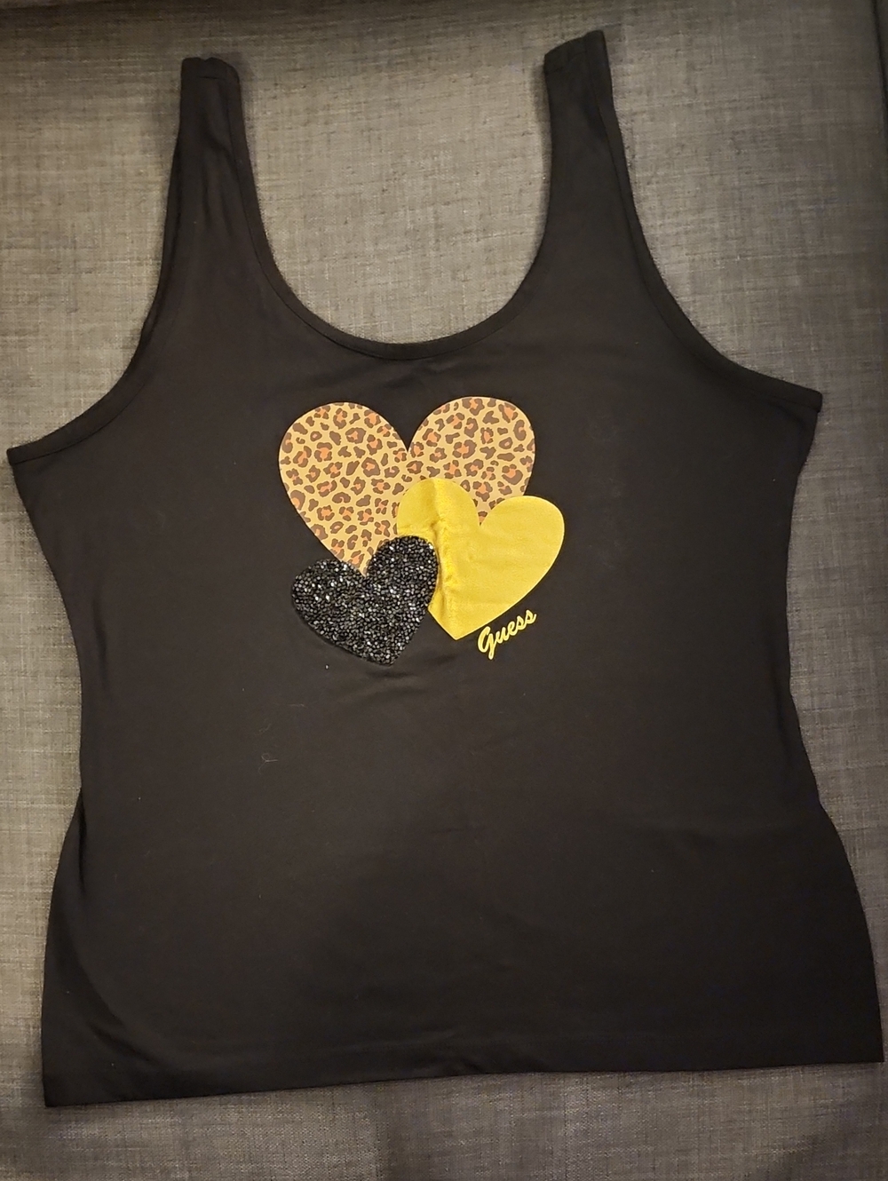 GUESS Black Tank with Leopard, Yellow and Black Heart Accents
